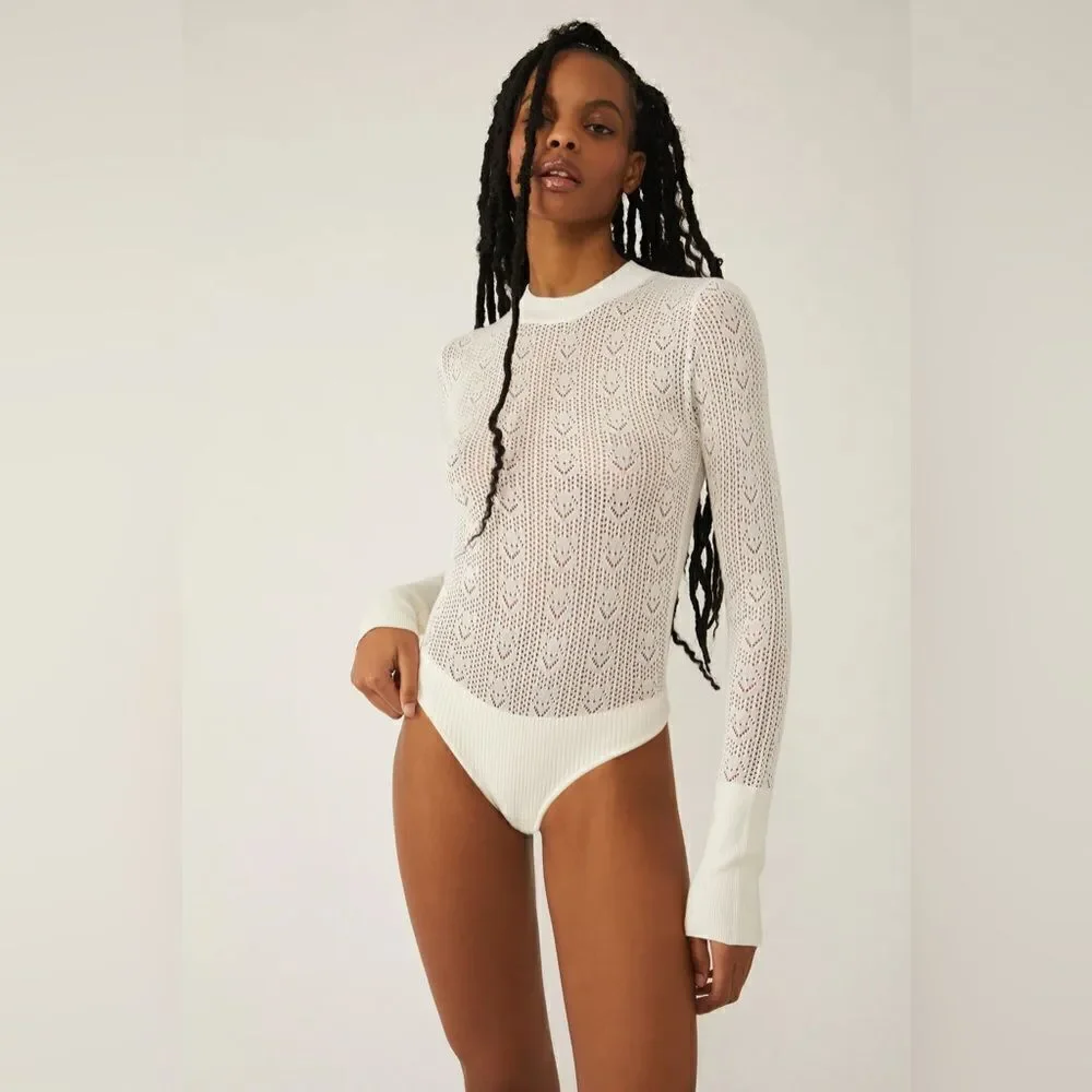 Free People Intimately Sunday Best Bodysuit, Ivory POINTELLE Knit Size XS